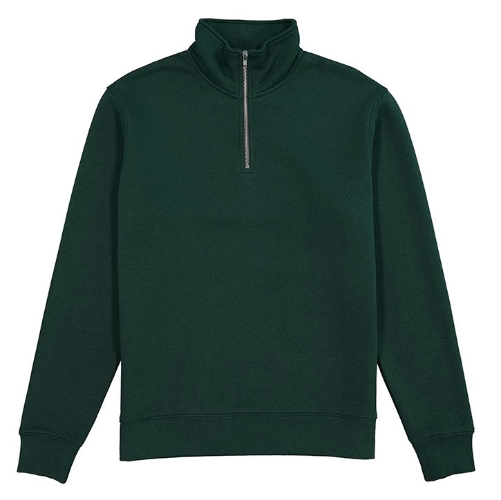 Green sweatshirt with a quarter zip on a white background