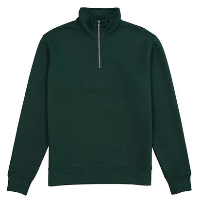 Green sweatshirt with a quarter zip on a white background