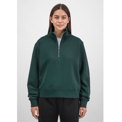 Person wearing a green half-zip sweatshirt on a white background