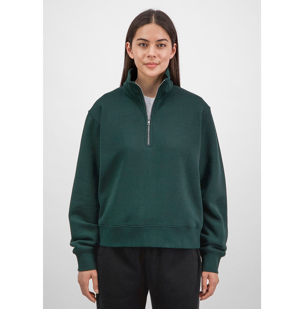 Person wearing a green half-zip sweatshirt on a white background