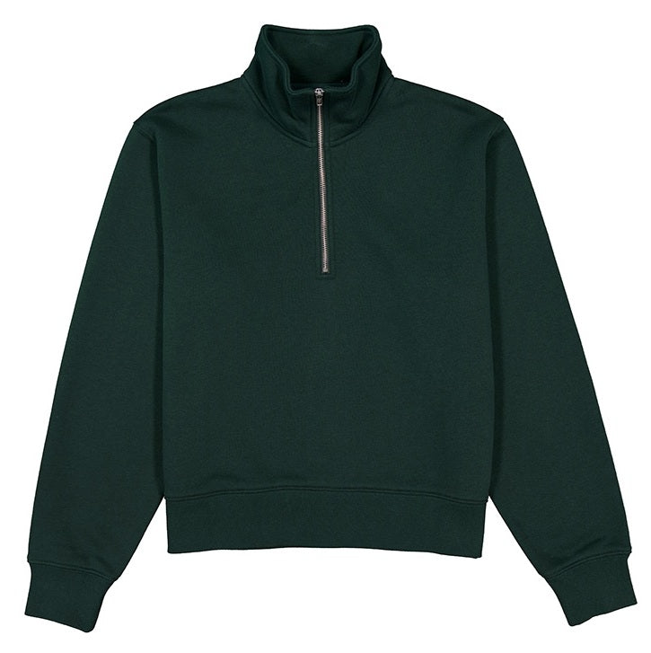 Dark green sweatshirt with a quarter zip on a white background