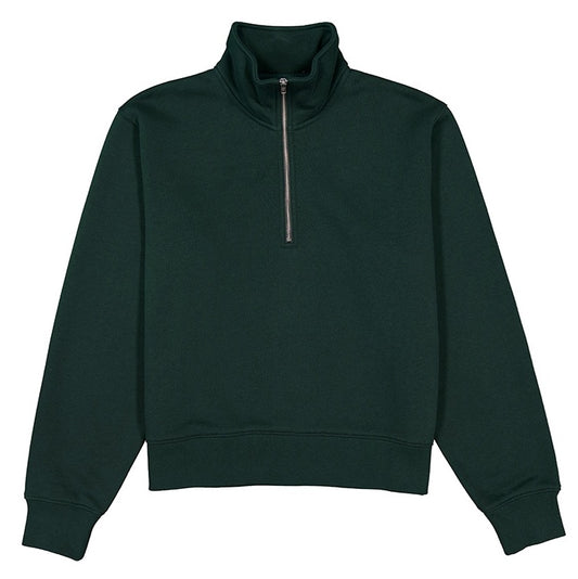 Dark green sweatshirt with a quarter zip on a white background
