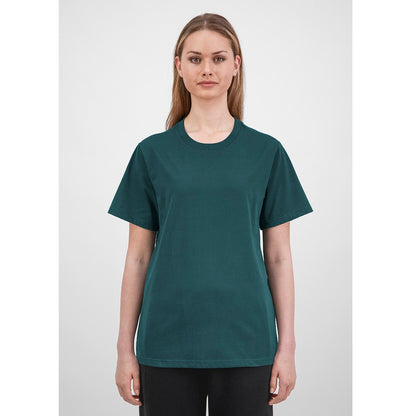 Person wearing a dark green t-shirt on a white background