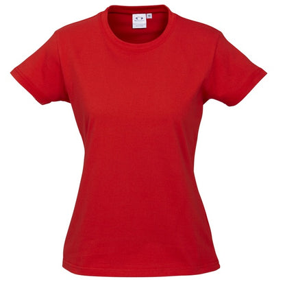 A red Biz Collection ladies' ice tee, short-sleeved, displayed against a white background.