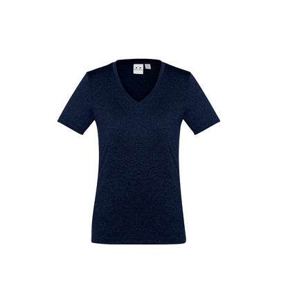 Navy colored Biz Collection ladies Aero Tee with a v-neck and short sleeves.
