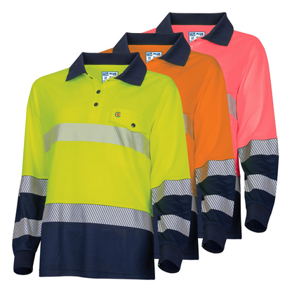 TRu Workwear TSW2425T1 Womens Recycled Anti-Microbial Micromesh L/S Two Tone Hi-Vis Segmented Polo Shirt