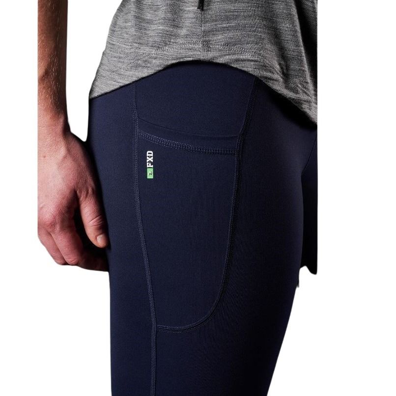 Navy leggings with a green brand logo on a white background