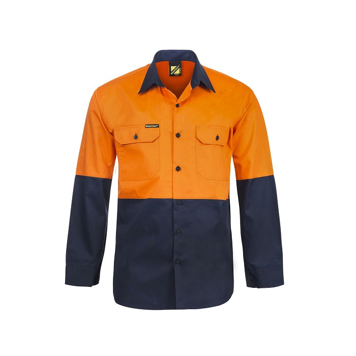 Workcraft WS4247 Lightweight HiVis 2-Orange and Navy Tone Long Sleeve Vented Cotton Drill Shirt - Men's hivis work shirt with pockets - Front view