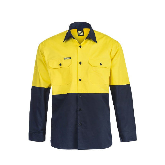 Workcraft WS4247 Lightweight HiVis 2-Yellow and Navy Tone Long Sleeve Vented Cotton Drill Shirt - Men's hivis work shirt with pockets - Front view