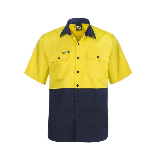 A short-sleeved, two-tone Workcraft WS4248 cotton drill shirt, upper part in yellow and lower in navy blue, with two front pockets and a left chest pocket.