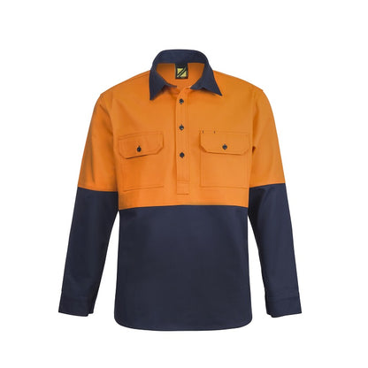 A two-tone Workcraft WS4254 heavy duty cotton drill shirt with half placket front and full gusset sleeves, featuring orange and navy colors, two front pockets, and a left chest pocket.