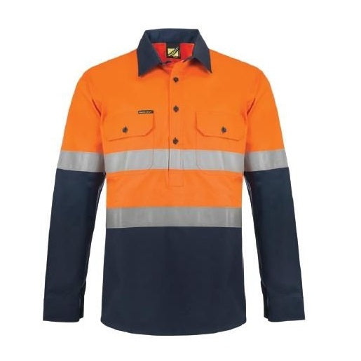 Orange and navy work shirt with reflective stripes on a white background