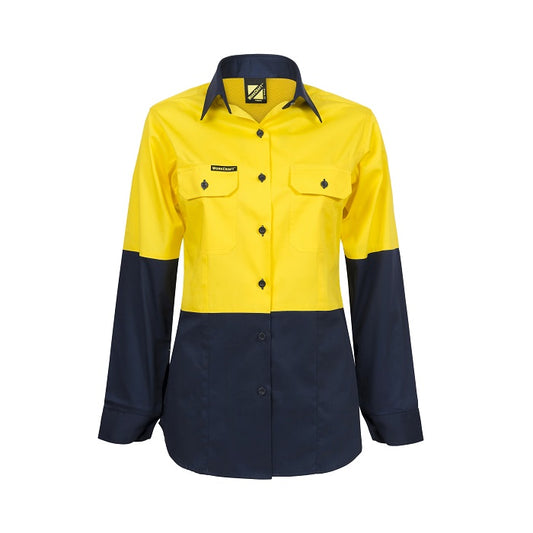 A yellow and navy long sleeve Workcraft WSL502 ladies lightweight hi-vis cotton drill shirt with front pockets and button-down collar.