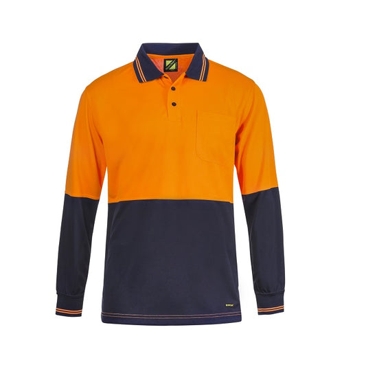 A long sleeve hi-vis polo shirt with a pocket on the left chest, featuring an orange upper and navy lower color scheme with a striped collar and double stripe detail.