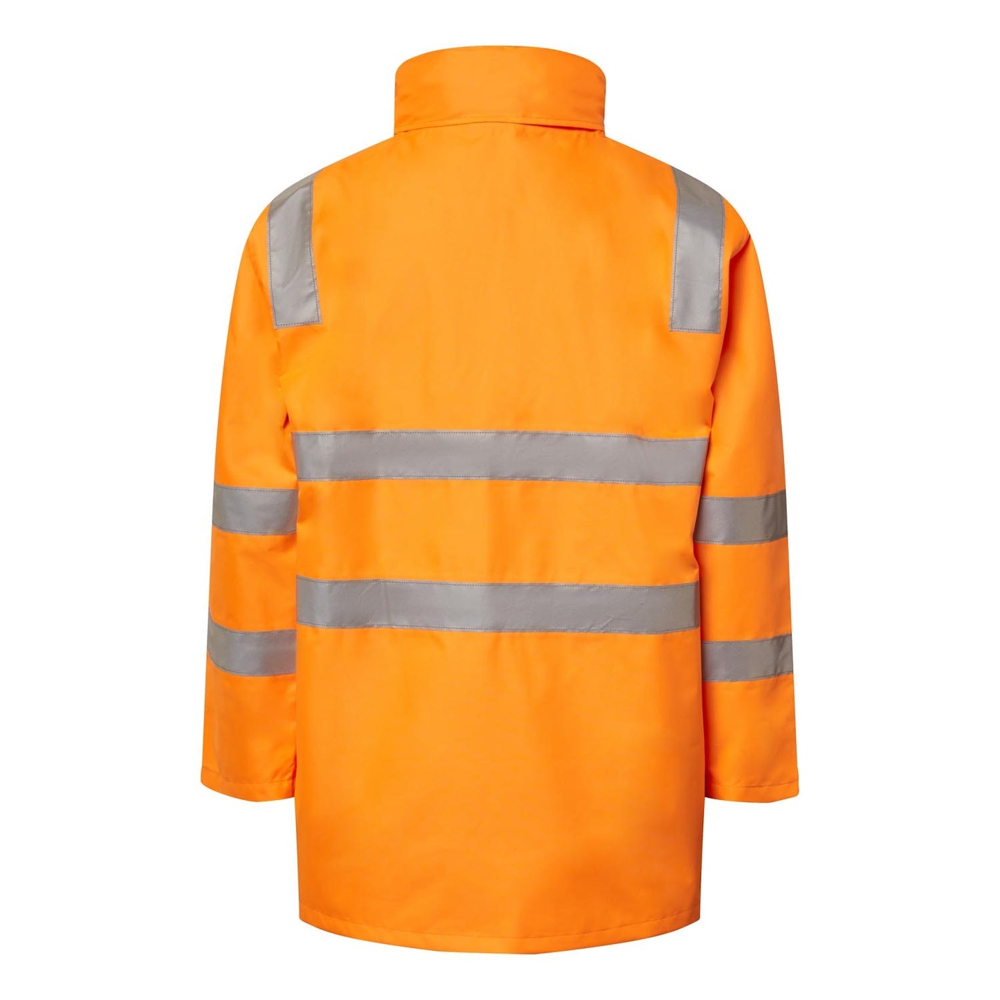 Orange safety jacket with reflective stripes on a white background