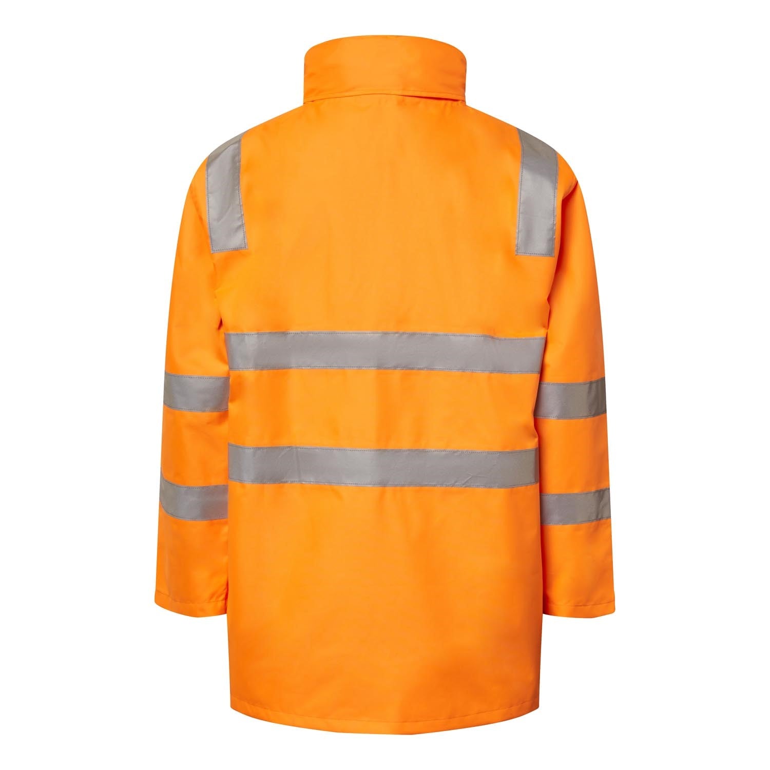 Orange safety jacket with reflective stripes on a white background