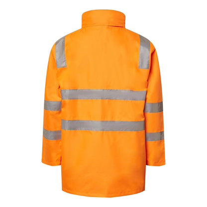 Orange safety jacket with reflective stripes on a white background