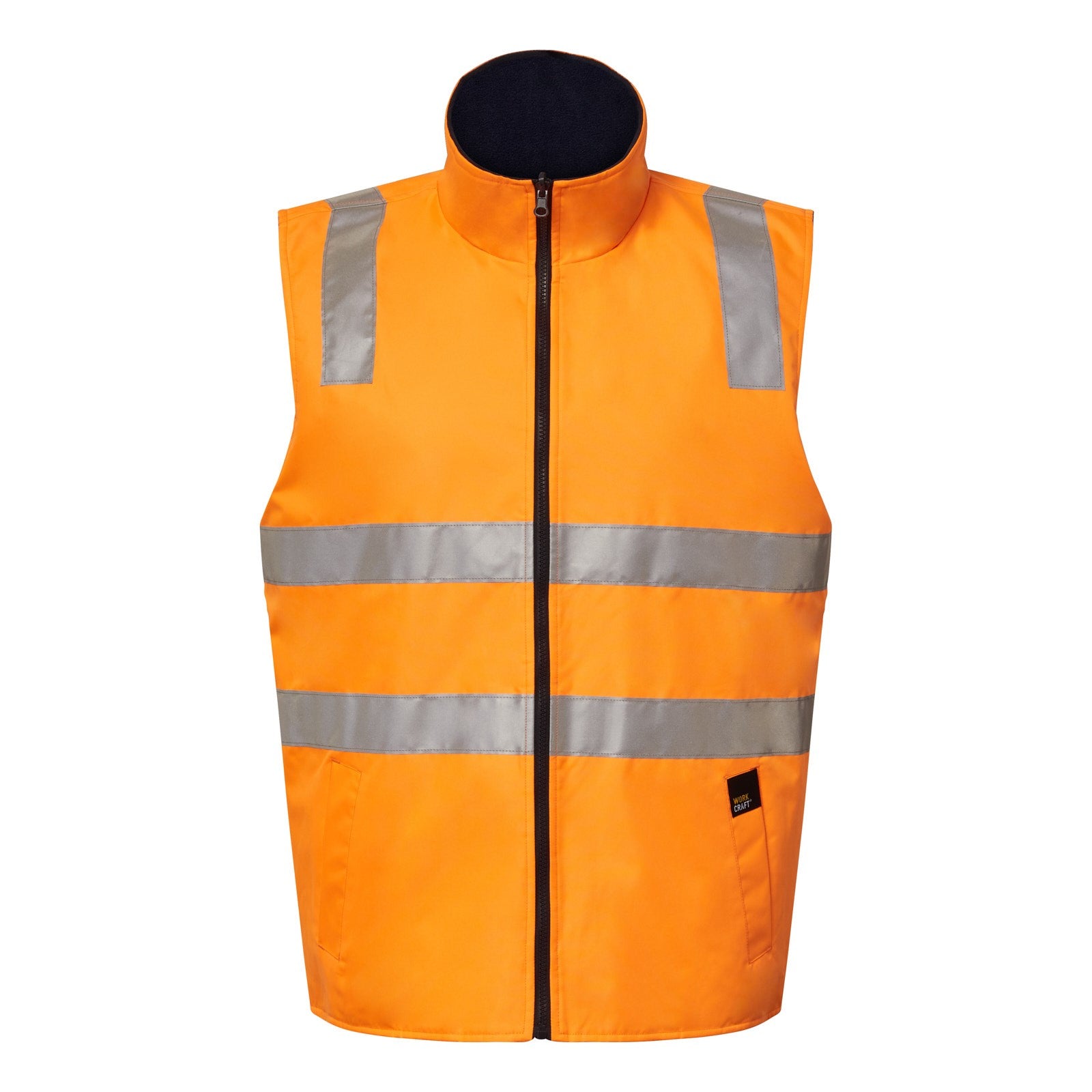 Orange safety vest with reflective stripes on a white background