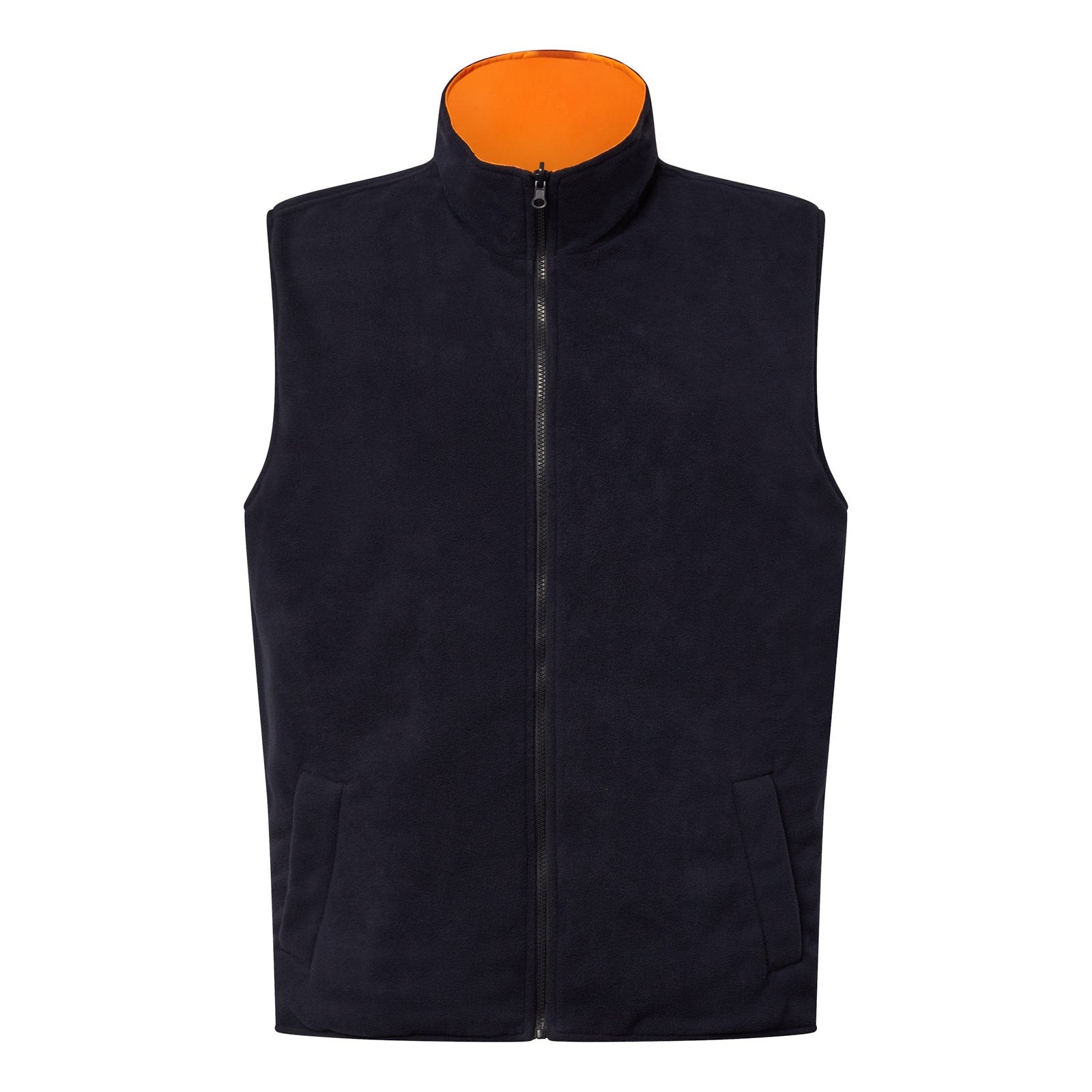 Black vest with orange interior lining on a white background