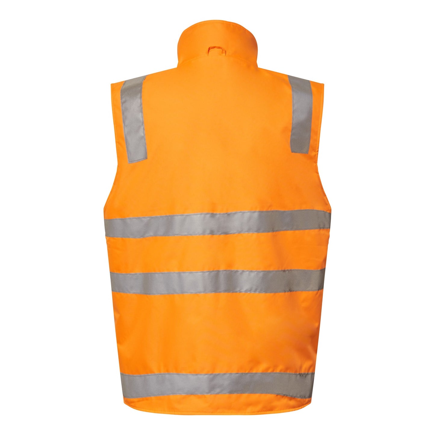 Orange safety vest with reflective stripes on a white background