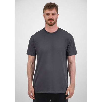 Man wearing a dark gray t-shirt against a white background