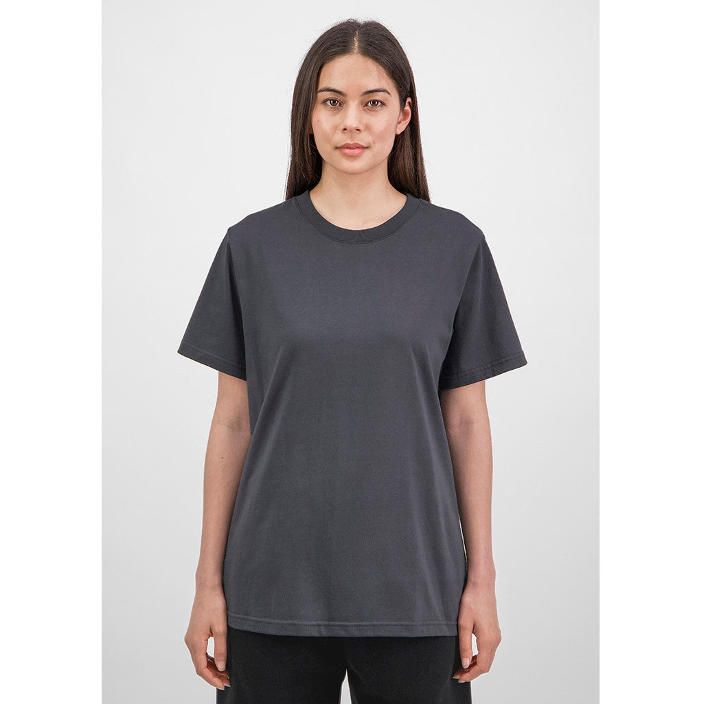 Woman wearing a dark gray t-shirt on a white background
