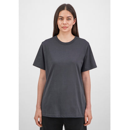 Woman wearing a dark gray t-shirt on a white background