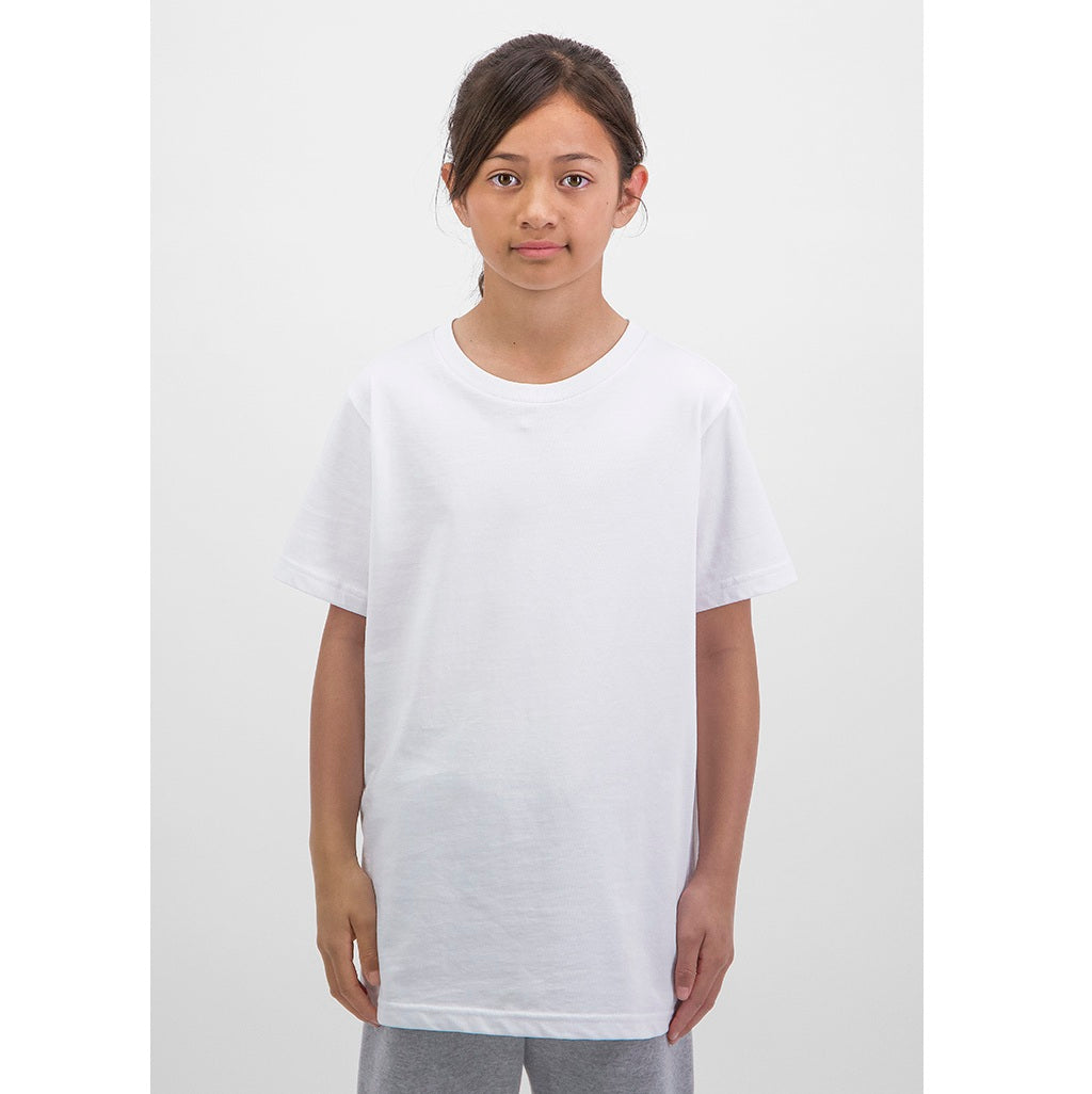 Young girl wearing a plain white t-shirt against a white background