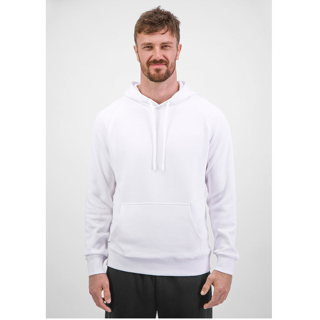 Man wearing a white hoodie on a plain background