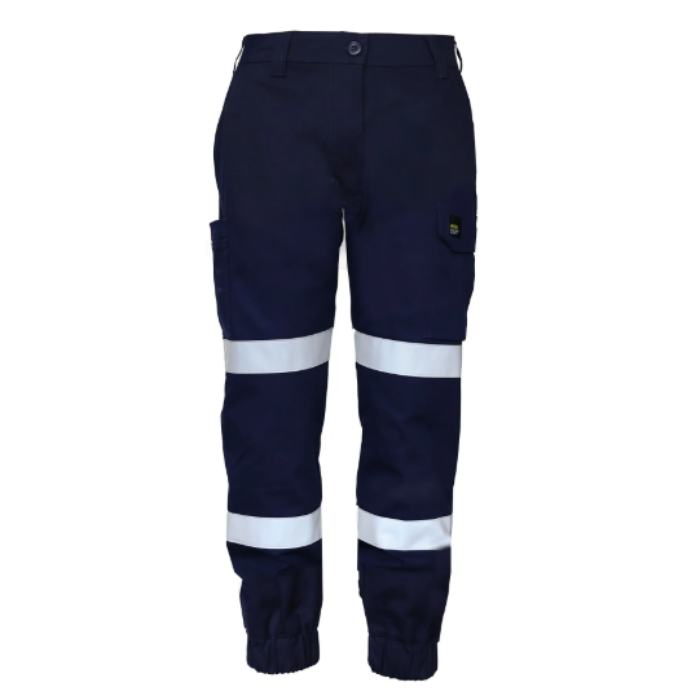 Navy blue high-visibility work pants, featuring elastic cuffs and cargo pockets. Workcraft WP4076 Mens Elasticised Hem Stretch Drill Cargo Taped Pants Front View