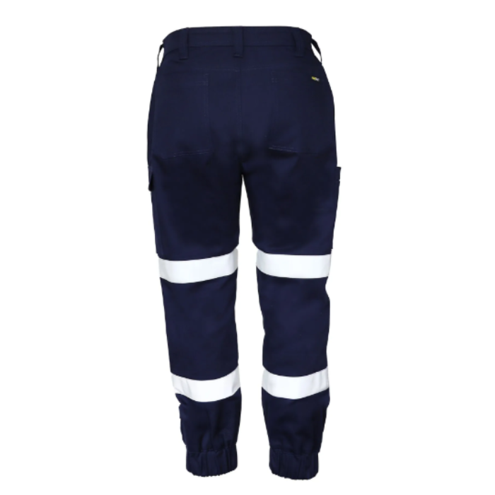 Navy Hi Vis Modern Fit, durable everyday tradie work pants, Workcraft WP4076 Mens Elasticised Hem Stretch Drill Cargo Taped Pants Rear View