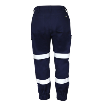 Navy Hi Vis Modern Fit, durable everyday tradie work pants, Workcraft WP4076 Mens Elasticised Hem Stretch Drill Cargo Taped Pants Rear View