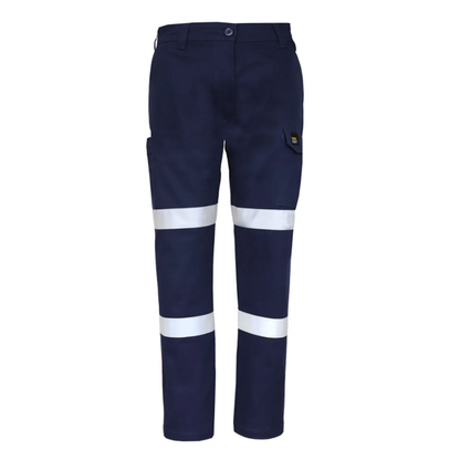 Ladies Navy blue with side pockets, hivis  Workcraft WPL475 Womens Stretch Drill Cargo Taped Pants, strong durable, classic fit front view