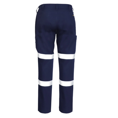 Ladies Navy blue high-visibility Workcraft WPL475 Womens Stretch Drill Cargo Taped Pants, with shaped waistband and reinforced seams, rear view