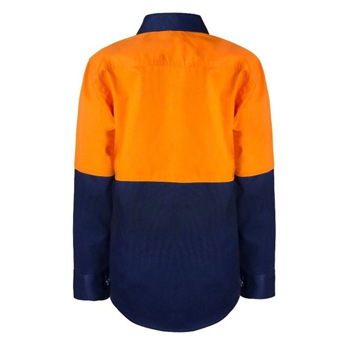 Workcraft WSK127 Kids HiVis 2-Tone Long Sleeve Shirt - Orange/Navy - Back View