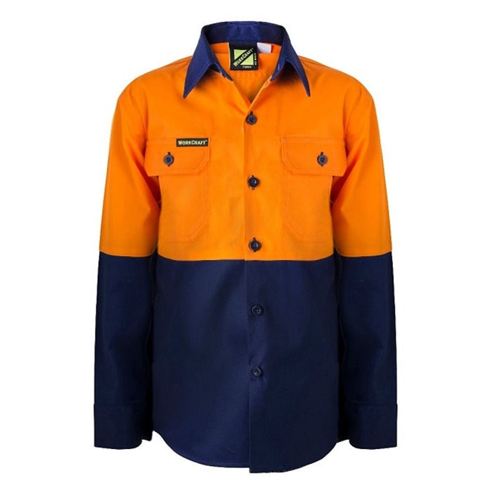 Workcraft WSK127 Kids HiVis 2-Tone Long Sleeve Shirt - Orange/Navy - Front View