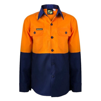 Workcraft WSK127 Kids HiVis 2-Tone Long Sleeve Shirt - Orange/Navy - Front View
