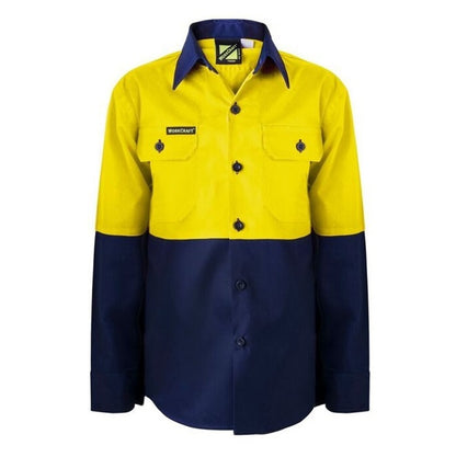 Workcraft WSK127 Kids HiVis 2-Tone Long Sleeve Shirt - Yellow/Navy - Alternative Front View