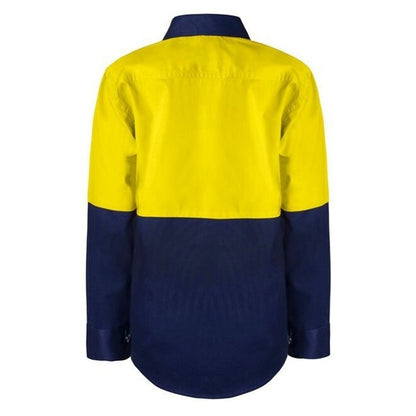 Workcraft WSK127 Kids HiVis 2-Tone Long Sleeve Shirt - Yellow/Navy - Back View