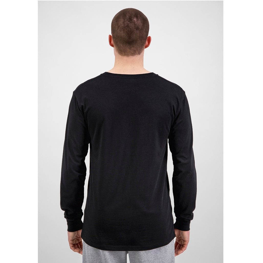 Person wearing a black long-sleeve shirt on a white background