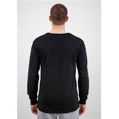 Person wearing a black long-sleeve shirt on a white background