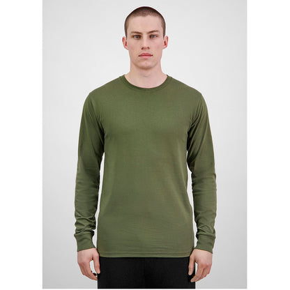 Man wearing a green long-sleeve shirt against a white background