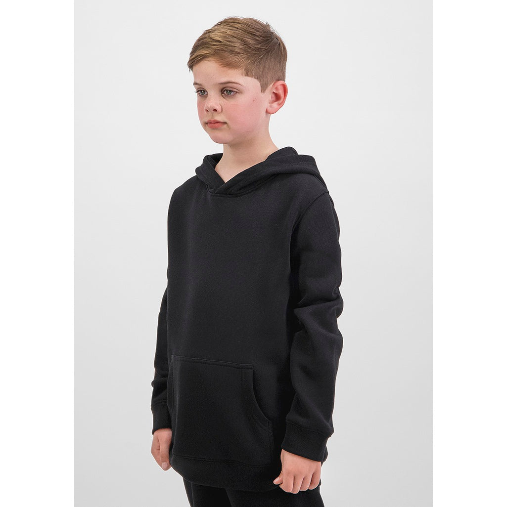 Child wearing a black hoodie on a white background