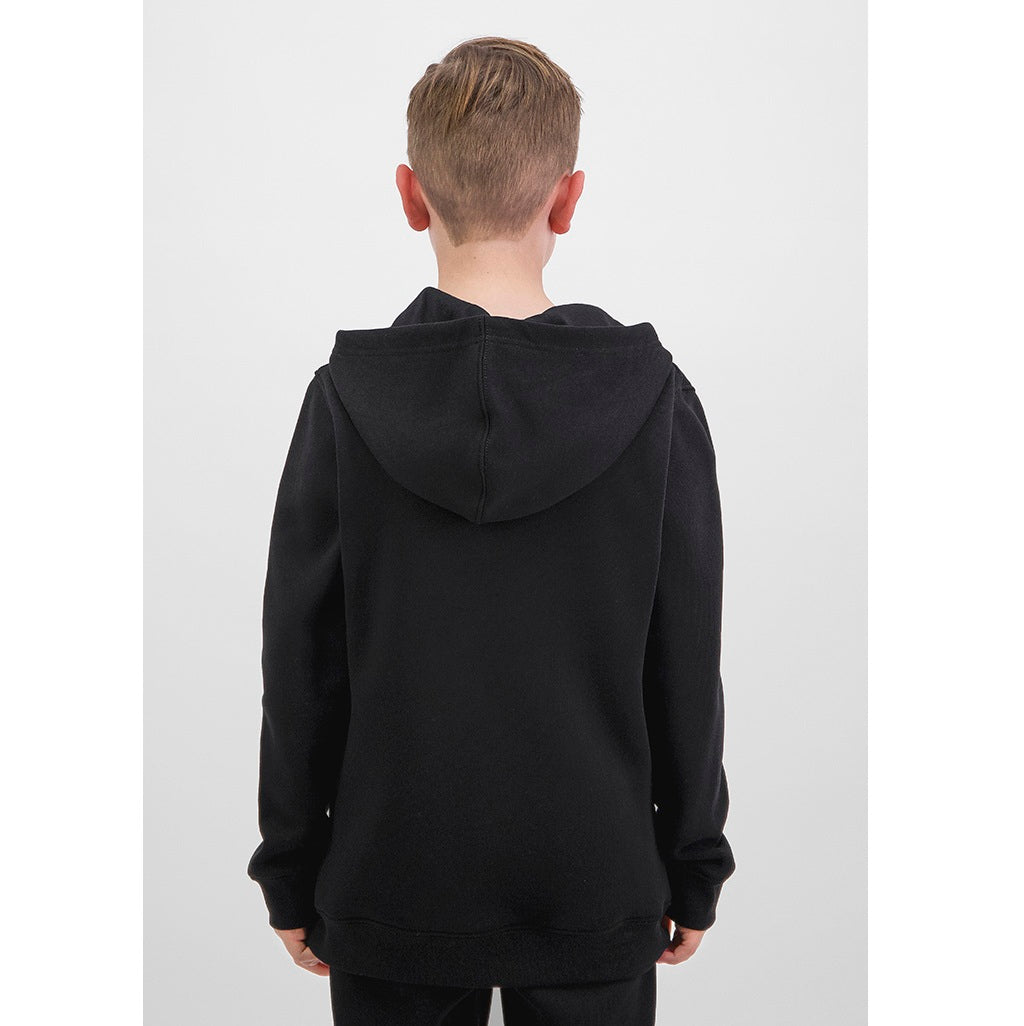 Person wearing a black hoodie from behind on a white background