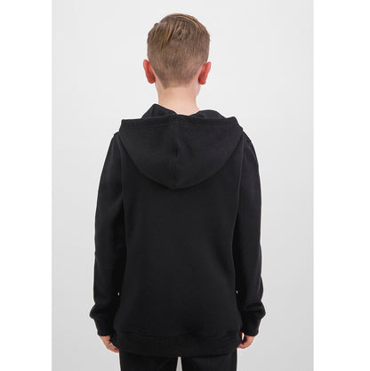 Person wearing a black hoodie from behind on a white background