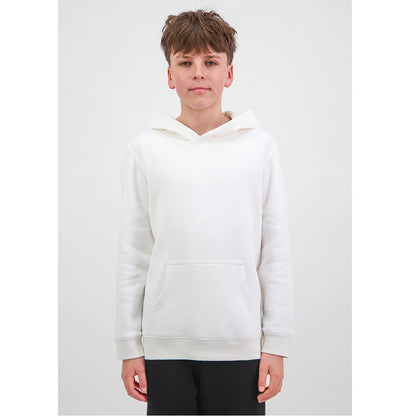 Person wearing a white hoodie on a light gray background