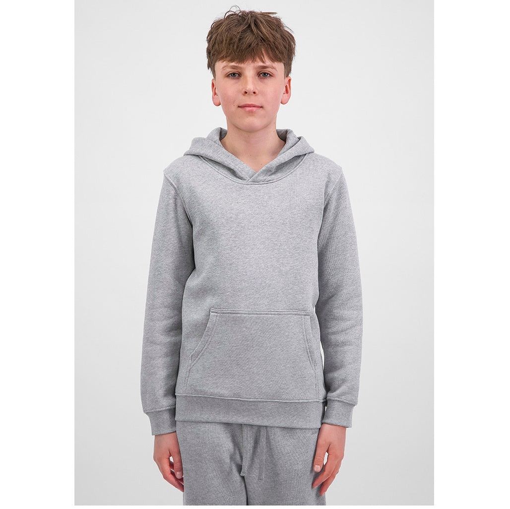 Person wearing a gray hoodie on a white background