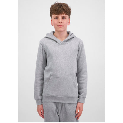 Person wearing a gray hoodie on a white background