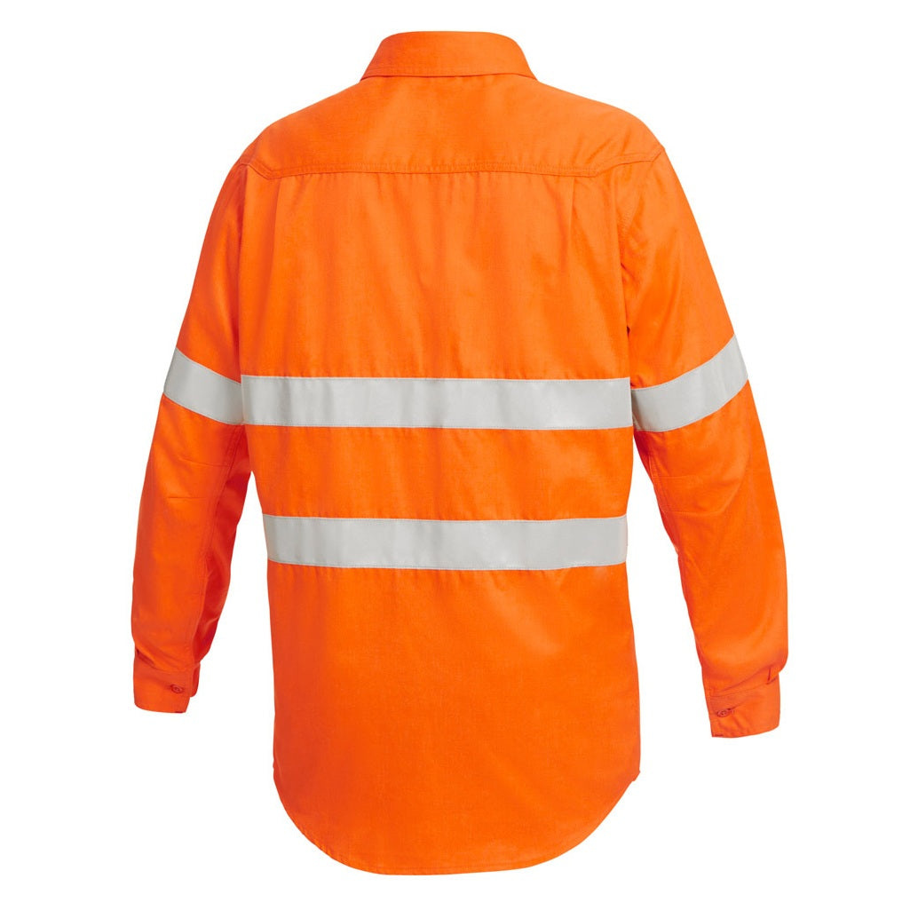Orange work shirt with reflective stripes on a white background