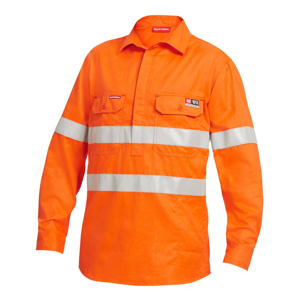Orange work shirt with reflective stripes on a white background